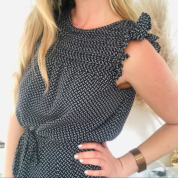 H&M Navy White Printed Pleated Smocked Ruffle Tie Waist Sleeveless Tank Dress 6 - Picture 3 of 7